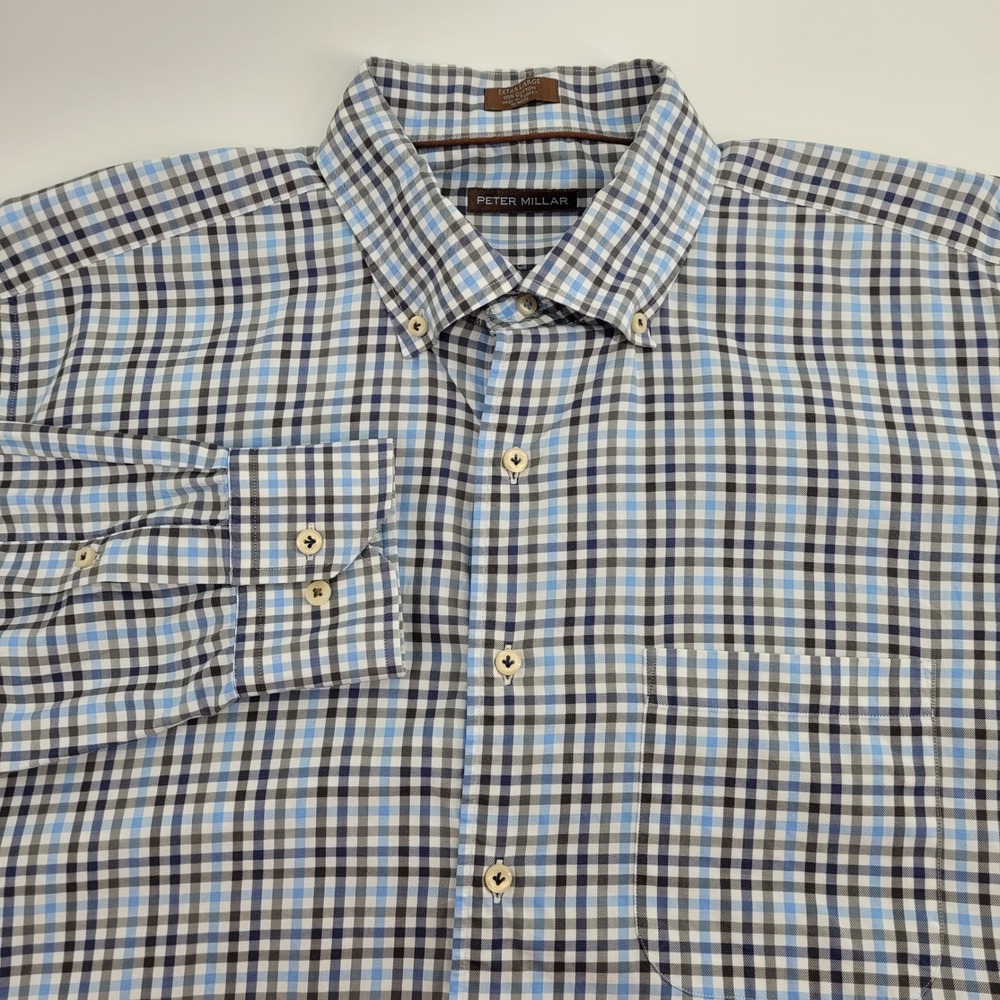 Peter Millar Mens XL Blue Check Cotton Button Down Long Sleeve‎ Preppy Office